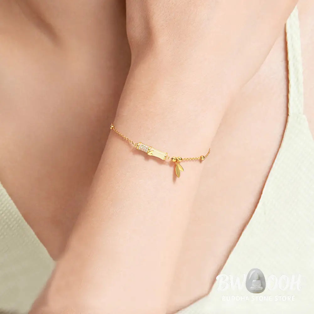 Buddha Stones 925 Sterling Silver 18K Gold Plated White Jade Bamboo Zircon Leaf Luck Bracelet - BWOOOH - White
