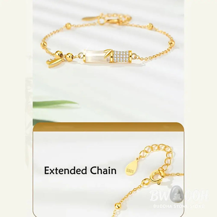 Buddha Stones 925 Sterling Silver 18K Gold Plated White Jade Bamboo Zircon Leaf Luck Bracelet - BWOOOH - White