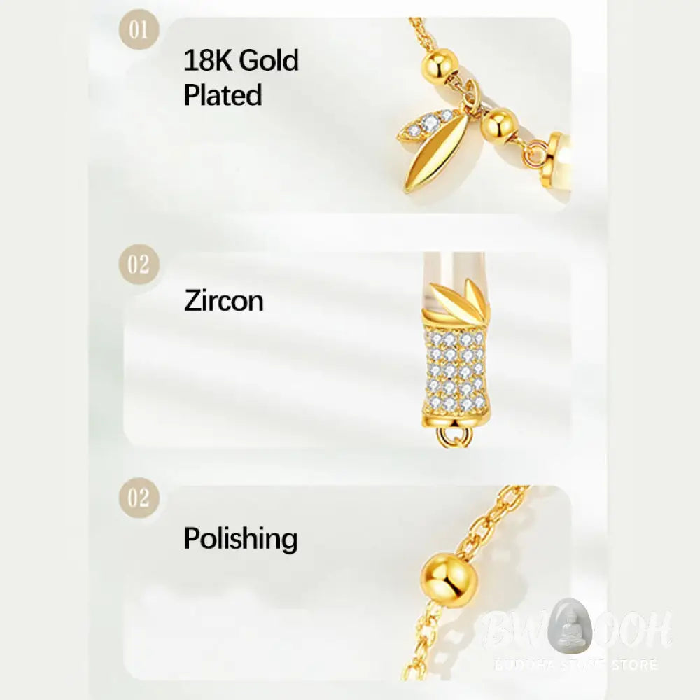 Buddha Stones 925 Sterling Silver 18K Gold Plated White Jade Bamboo Zircon Leaf Luck Bracelet - BWOOOH - White