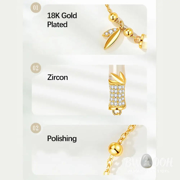 Buddha Stones 925 Sterling Silver 18K Gold Plated White Jade Bamboo Zircon Leaf Luck Bracelet - BWOOOH - White