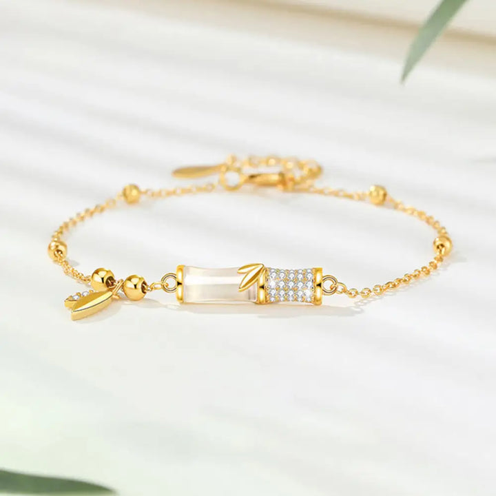 BWOOOH 925 Sterling Silver 18K Gold Plated White Jade Bamboo Zircon Leaf Luck Bracelet - BWOOOH - White