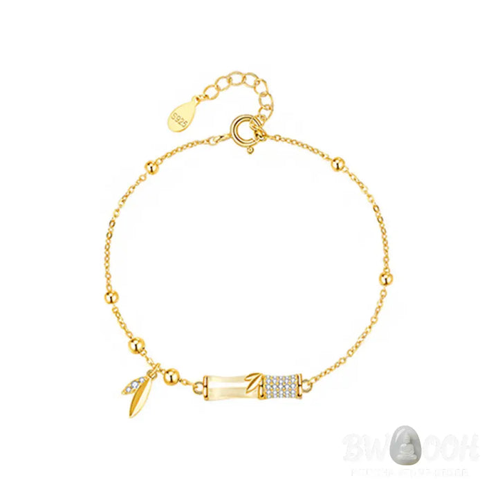 Buddha Stones 925 Sterling Silver 18K Gold Plated White Jade Bamboo Zircon Leaf Luck Bracelet - BWOOOH - White