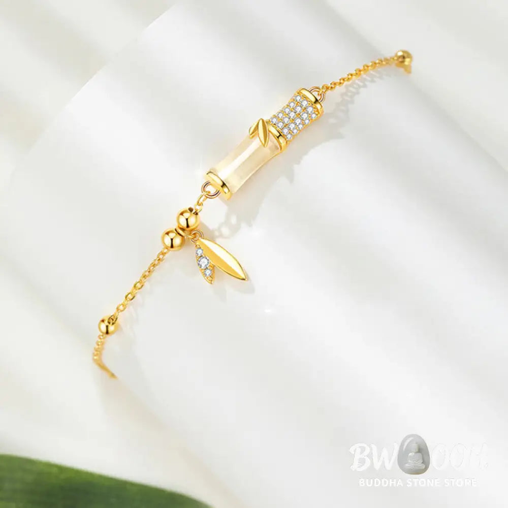 Buddha Stones 925 Sterling Silver 18K Gold Plated White Jade Bamboo Zircon Leaf Luck Bracelet - BWOOOH - White