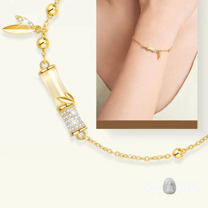 Buddha Stones 925 Sterling Silver 18K Gold Plated White Jade Bamboo Zircon Leaf Luck Bracelet - BWOOOH - White