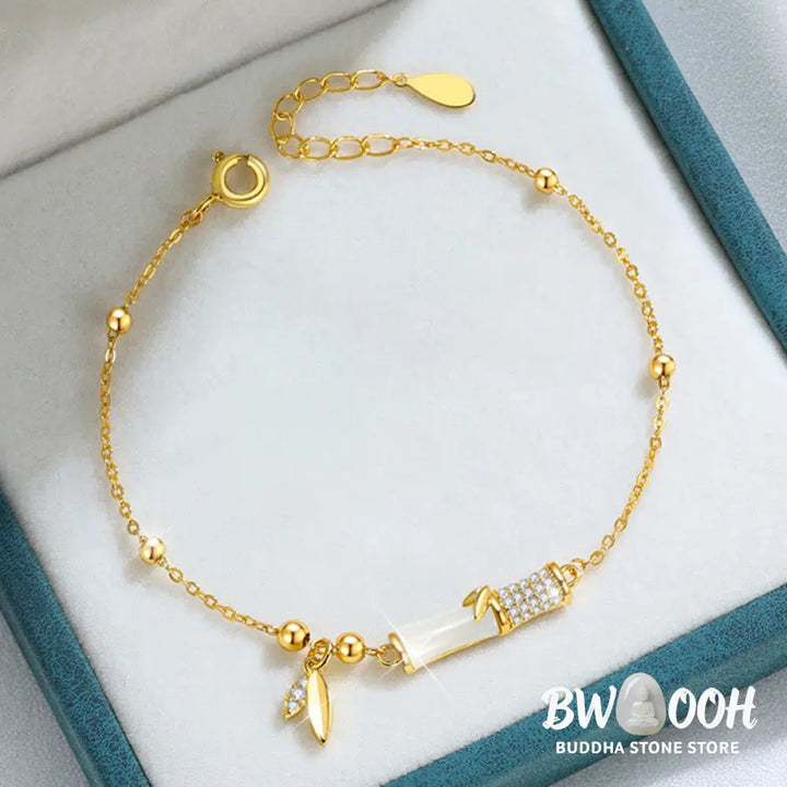 Buddha Stones 925 Sterling Silver 18K Gold Plated White Jade Bamboo Zircon Leaf Luck Bracelet - BWOOOH - White