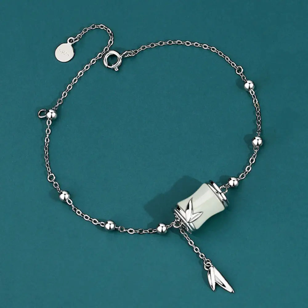 Buddha Stones 925 Sterling Silver 22K Gold Hetian White Jade Bamboo Leaf Luck Necklace Pendant Bracelet - BWOOOH - 925