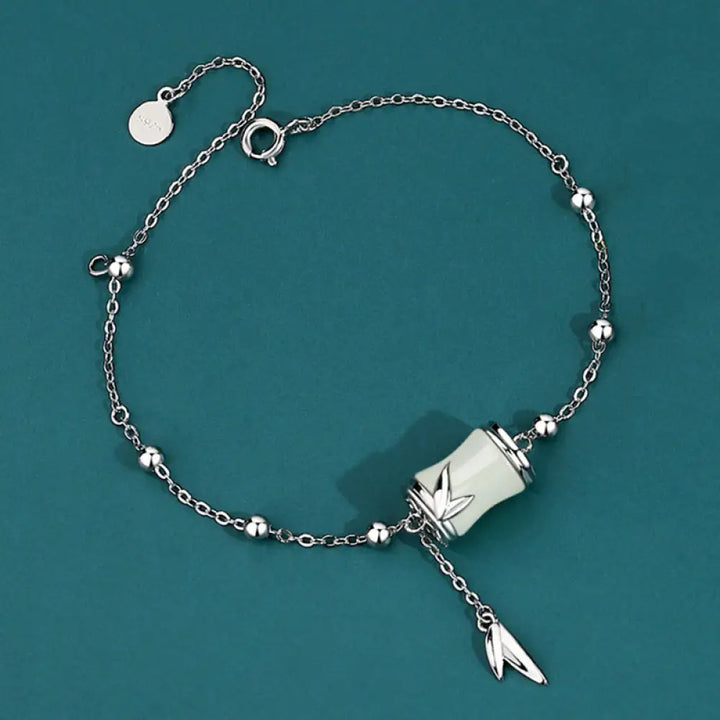 Buddha Stones 925 Sterling Silver 22K Gold Hetian White Jade Bamboo Leaf Luck Necklace Pendant Bracelet - BWOOOH - 925