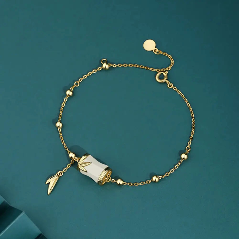 Buddha Stones 925 Sterling Silver 22K Gold Hetian White Jade Bamboo Leaf Luck Necklace Pendant Bracelet - BWOOOH - 925