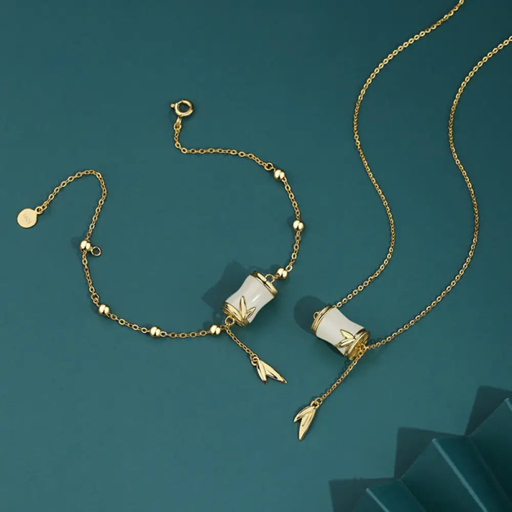 BWOOOH 925 Sterling Silver 22K Gold Hetian White Jade Bamboo Leaf Luck Necklace Pendant Bracelet