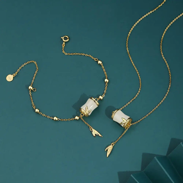 BWOOOH 925 Sterling Silver 22K Gold Hetian White Jade Bamboo Leaf Luck Necklace Pendant Bracelet