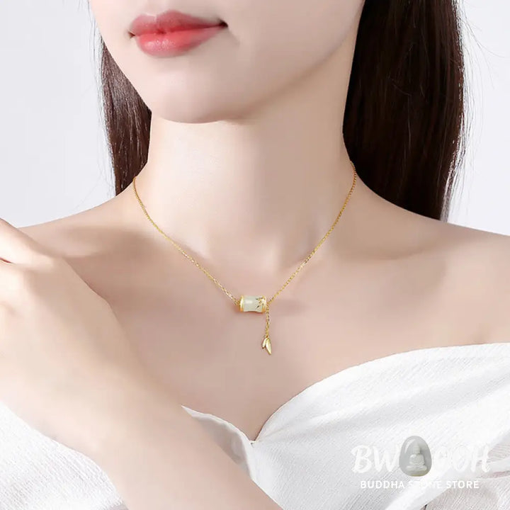 Buddha Stones 925 Sterling Silver 22K Gold Hetian White Jade Bamboo Leaf Luck Necklace Pendant Bracelet - BWOOOH