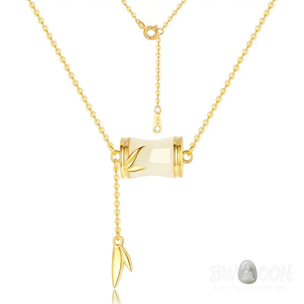 Buddha Stones 925 Sterling Silver 22K Gold Hetian White Jade Bamboo Leaf Luck Necklace Pendant Bracelet - BWOOOH
