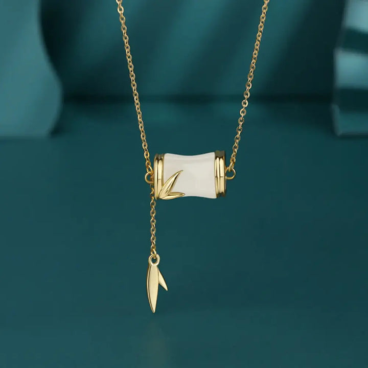 Buddha Stones 925 Sterling Silver 22K Gold Hetian White Jade Bamboo Leaf Luck Necklace Pendant Bracelet - BWOOOH - 925