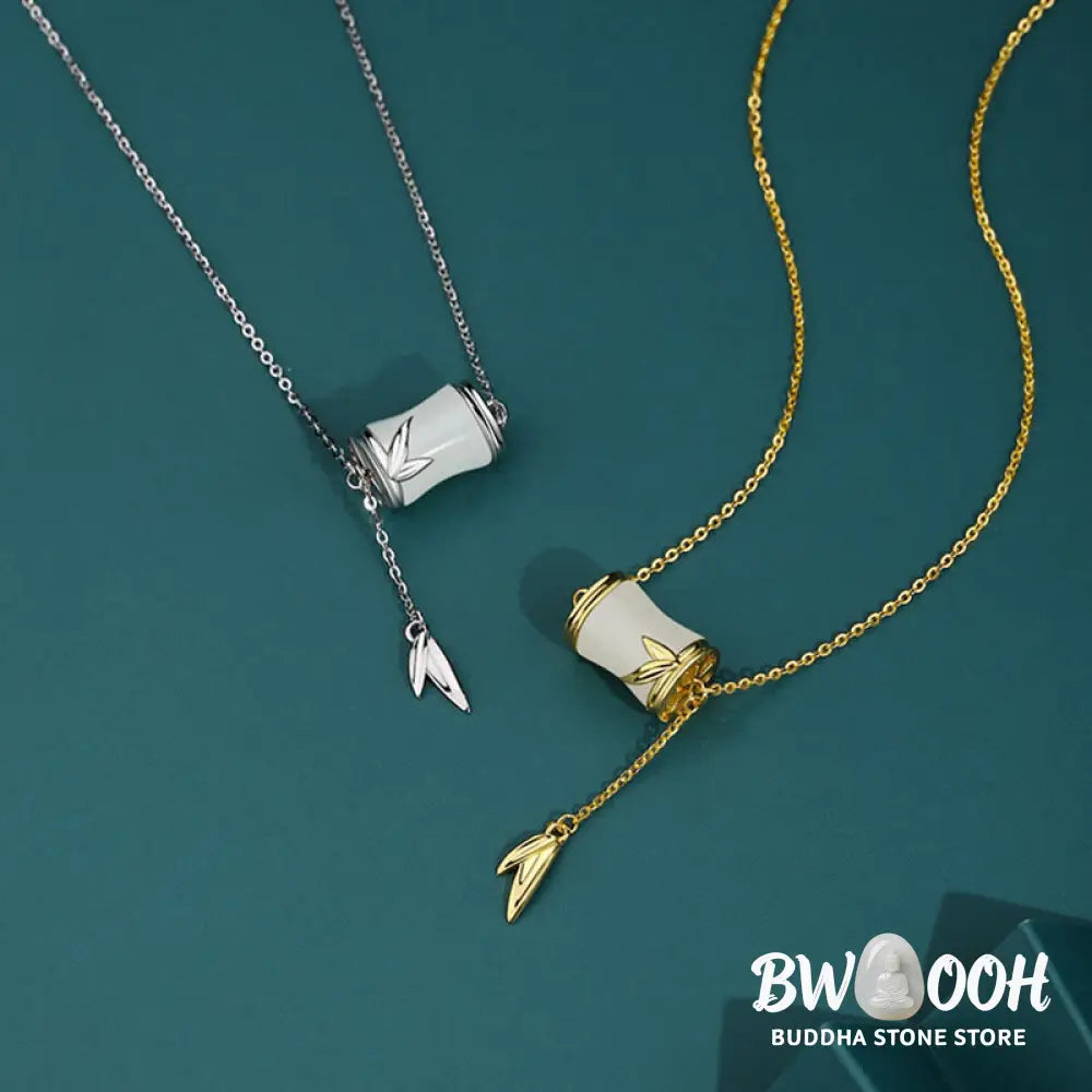 Buddha Stones 925 Sterling Silver 22K Gold Hetian White Jade Bamboo Leaf Luck Necklace Pendant Bracelet - BWOOOH