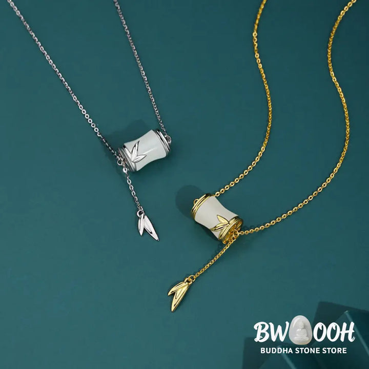 Buddha Stones 925 Sterling Silver 22K Gold Hetian White Jade Bamboo Leaf Luck Necklace Pendant Bracelet - BWOOOH