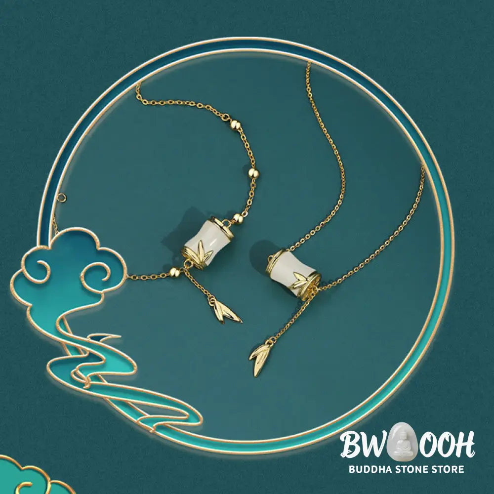 Buddha Stones 925 Sterling Silver 22K Gold Hetian White Jade Bamboo Leaf Luck Necklace Pendant Bracelet - BWOOOH