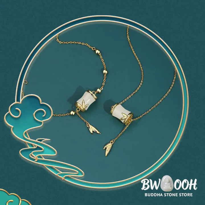 Buddha Stones 925 Sterling Silver 22K Gold Hetian White Jade Bamboo Leaf Luck Necklace Pendant Bracelet - BWOOOH