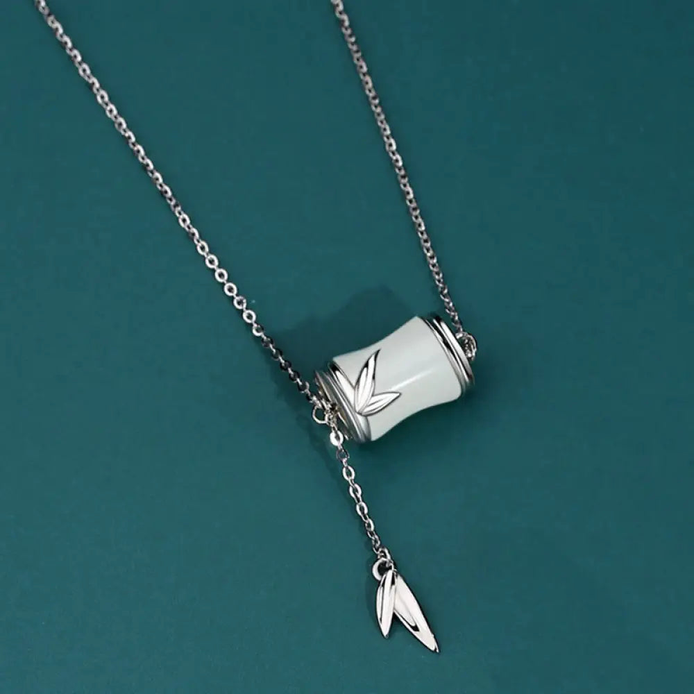 Buddha Stones 925 Sterling Silver 22K Gold Hetian White Jade Bamboo Leaf Luck Necklace Pendant Bracelet - BWOOOH - 925