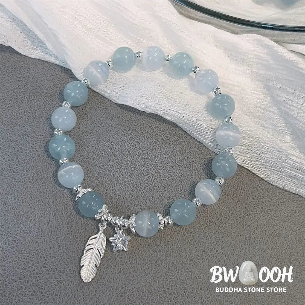 BWOOOH 925 Sterling Silver Aquamarine Cat's Eye Healing Feather Star Charm Bracelet | spiritual healing bracelet