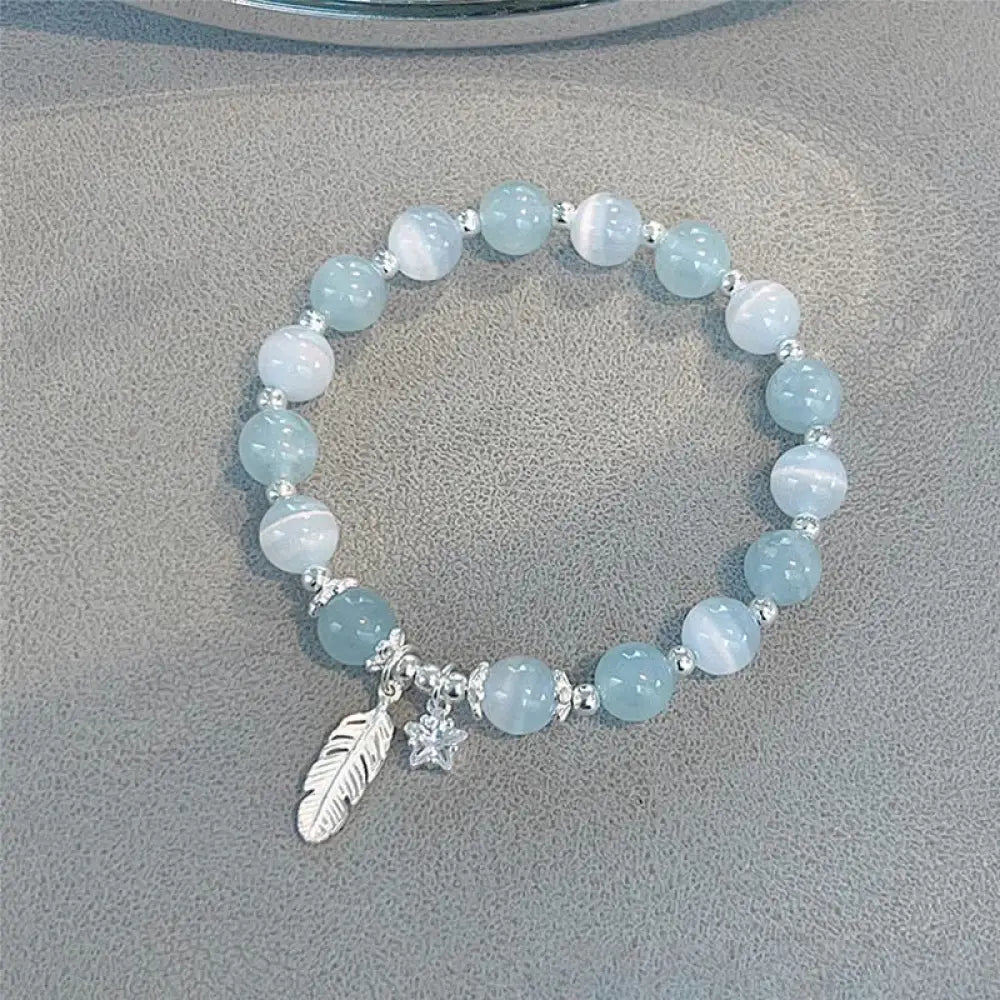 BWOOOH 925 Sterling Silver Aquamarine Cat's Eye Healing Feather Star Charm Bracelet main image