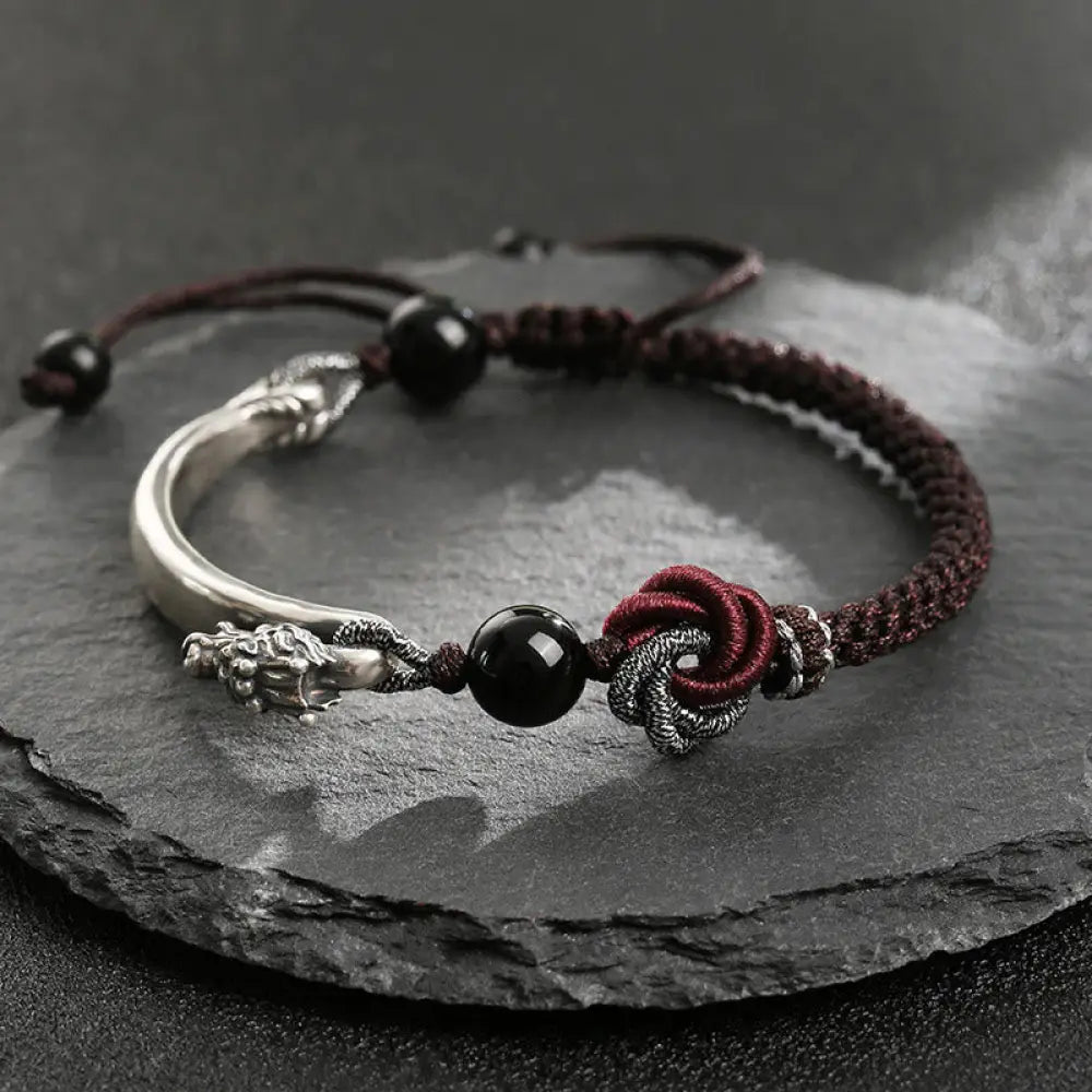 Buddha Stones 925 Sterling Silver Auspicious Dragon Success Handcrafted Braided Bracelet - 16 + 8cm - Bracelet