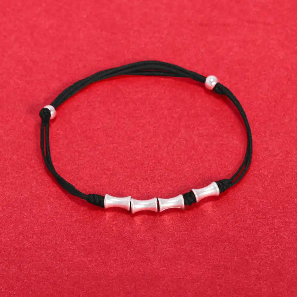 BWOOOH 925 Sterling Silver Bamboo Design Protection Luck Braided Bracelet - Black Rope(Wrist Circumference