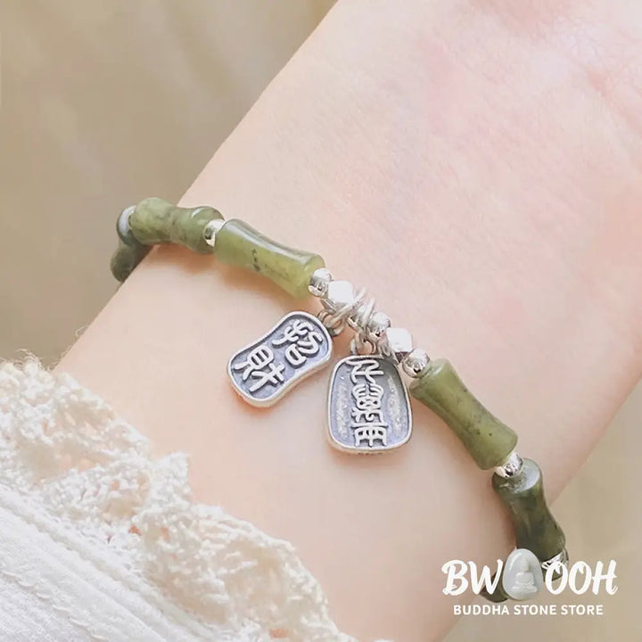Buddha Stones 925 Sterling Silver Bamboo Jade Lucky Cat Fu Character Luck Abundance Bracelet - BWOOOH - Bracelet