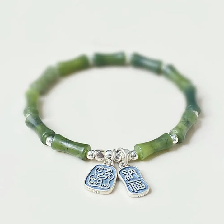 BWOOOH 925 Sterling Silver Bamboo Jade Lucky Cat Fu Character Luck Abundance Bracelet - BWOOOH - 14cm - Bracelet