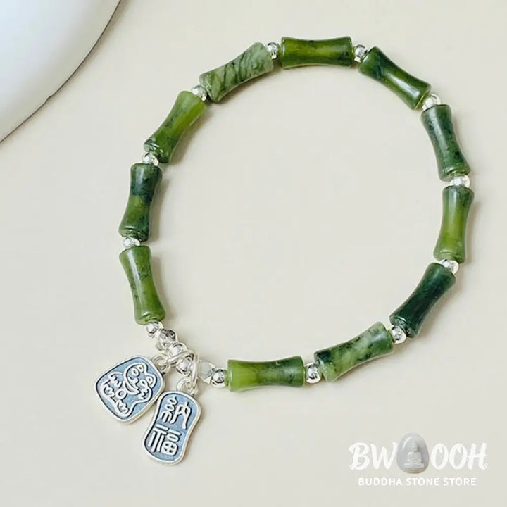 Buddha Stones 925 Sterling Silver Bamboo Jade Lucky Cat Fu Character Luck Abundance Bracelet - BWOOOH - Bracelet