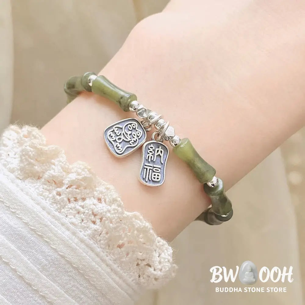 Buddha Stones 925 Sterling Silver Bamboo Jade Lucky Cat Fu Character Luck Abundance Bracelet - BWOOOH - Bracelet