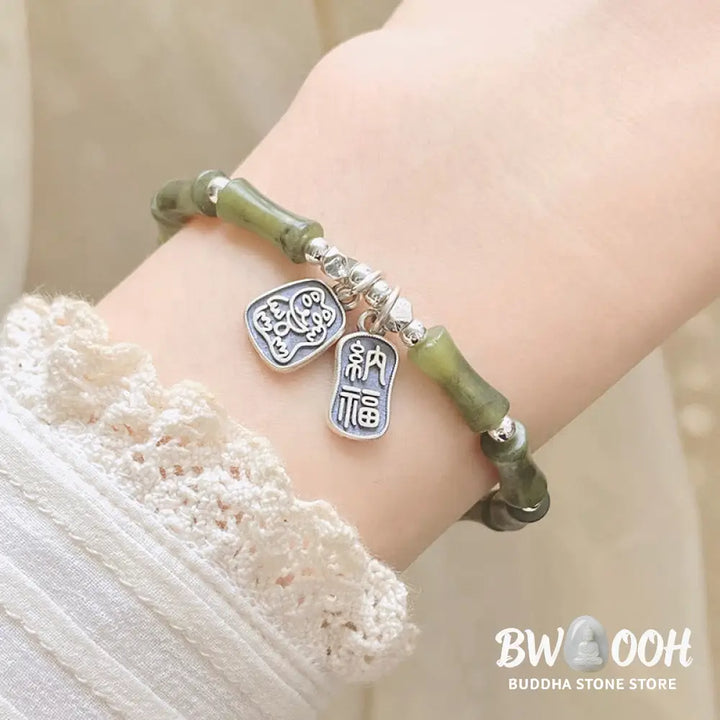 Buddha Stones 925 Sterling Silver Bamboo Jade Lucky Cat Fu Character Luck Abundance Bracelet - BWOOOH - Bracelet