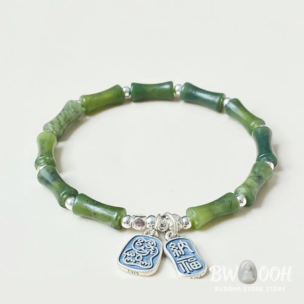 Buddha Stones 925 Sterling Silver Bamboo Jade Lucky Cat Fu Character Luck Abundance Bracelet - BWOOOH - Bracelet