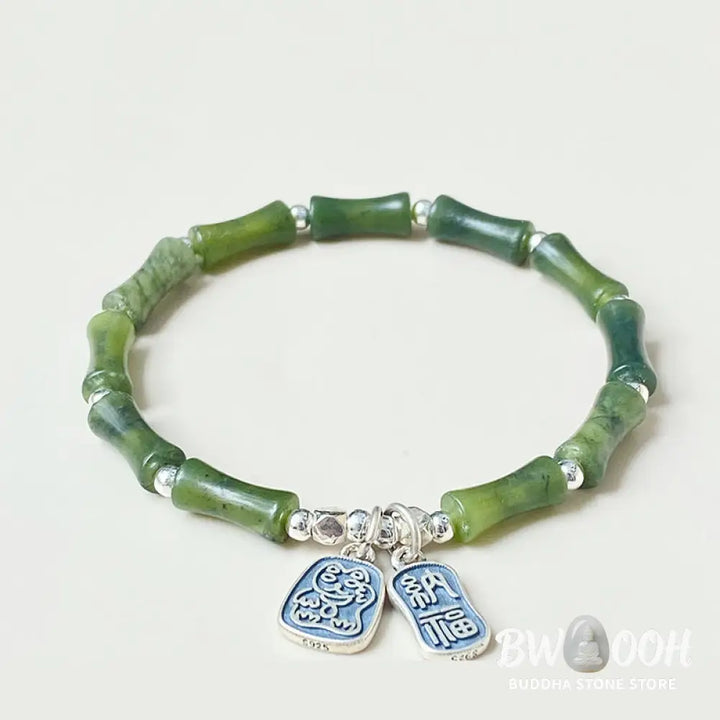 Buddha Stones 925 Sterling Silver Bamboo Jade Lucky Cat Fu Character Luck Abundance Bracelet - BWOOOH - Bracelet
