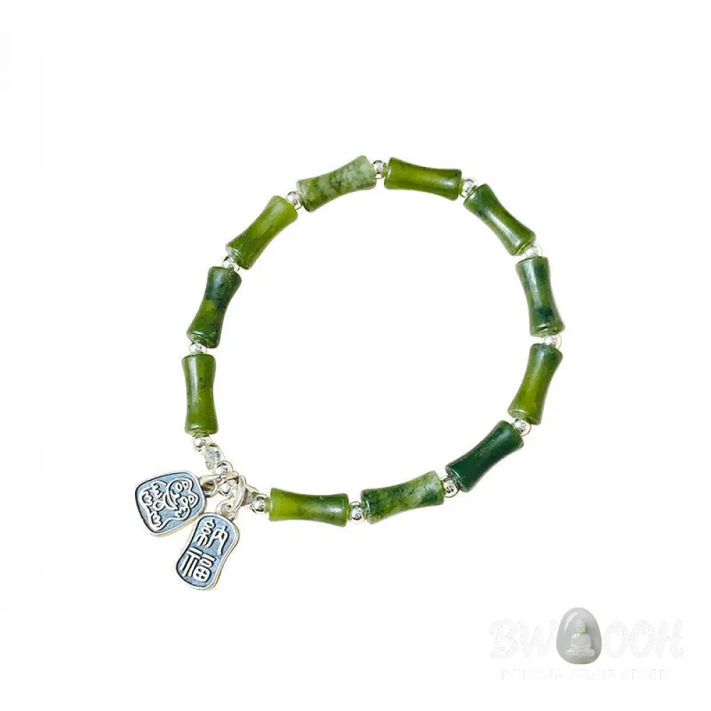 Buddha Stones 925 Sterling Silver Bamboo Jade Lucky Cat Fu Character Luck Abundance Bracelet - BWOOOH - Bracelet
