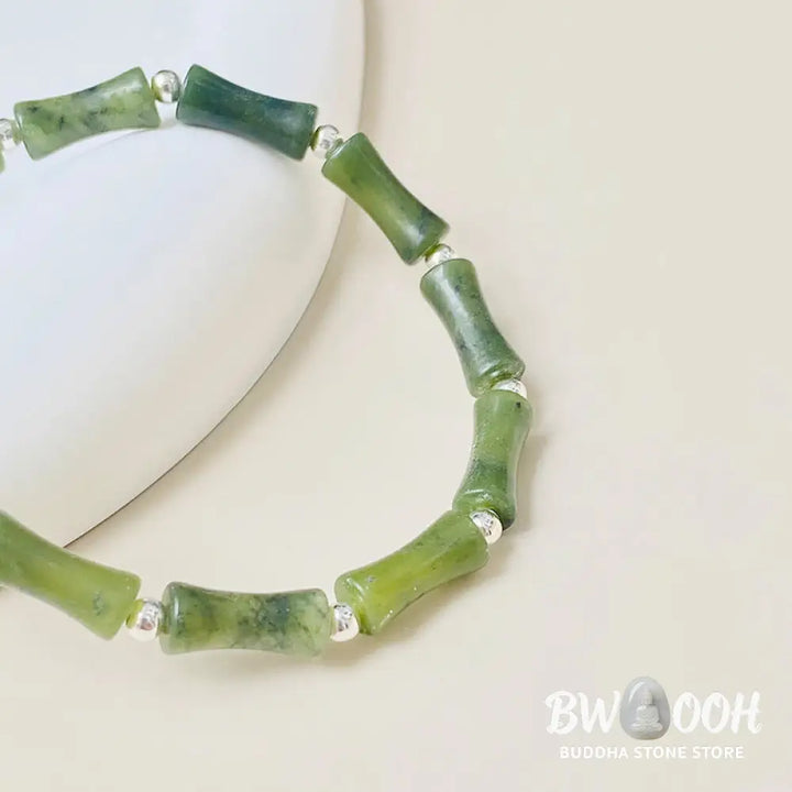 Buddha Stones 925 Sterling Silver Bamboo Jade Lucky Cat Fu Character Luck Abundance Bracelet - BWOOOH - Bracelet