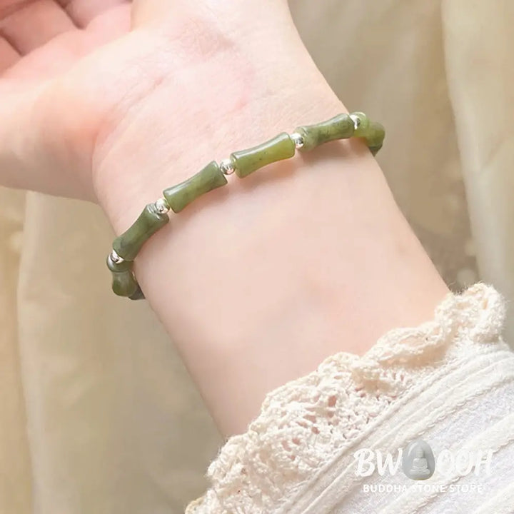 Buddha Stones 925 Sterling Silver Bamboo Jade Lucky Cat Fu Character Luck Abundance Bracelet - BWOOOH - Bracelet