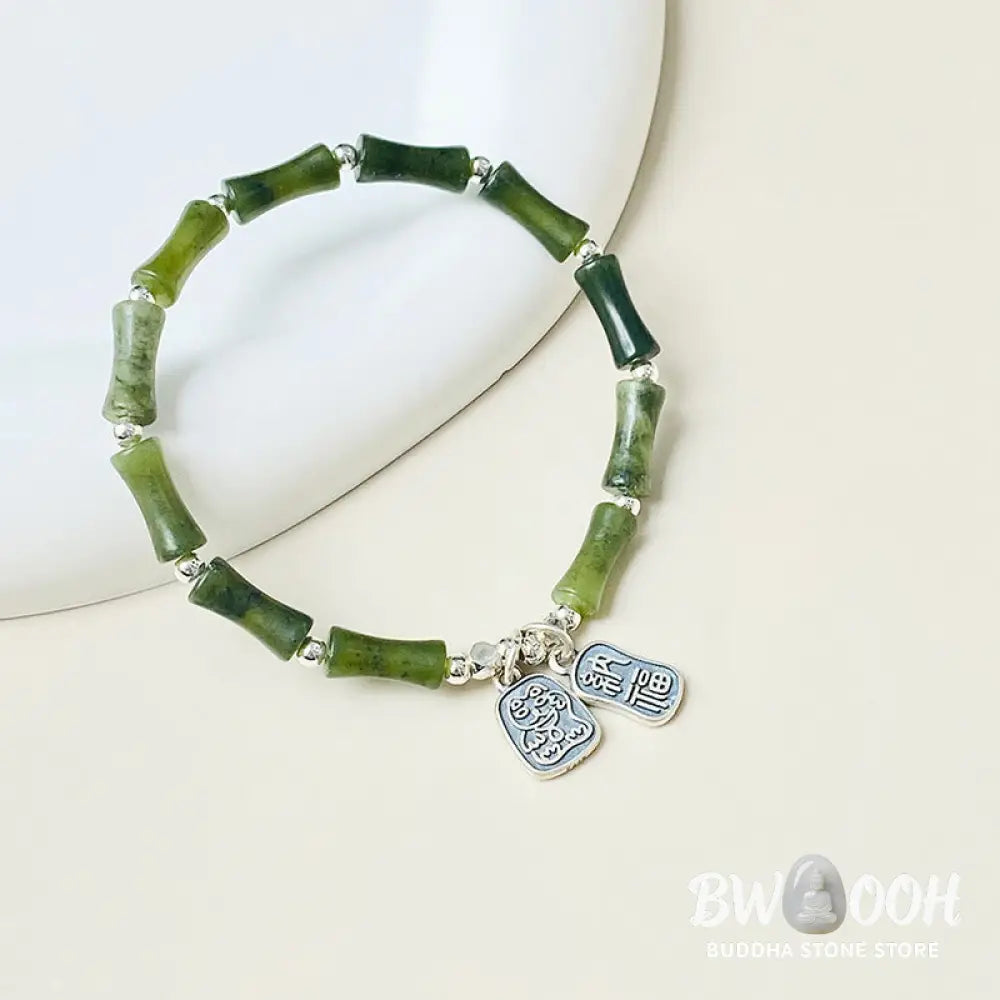 Buddha Stones 925 Sterling Silver Bamboo Jade Lucky Cat Fu Character Luck Abundance Bracelet - BWOOOH - Bracelet
