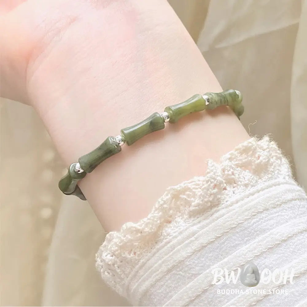 Buddha Stones 925 Sterling Silver Bamboo Jade Lucky Cat Fu Character Luck Abundance Bracelet - BWOOOH - Bracelet
