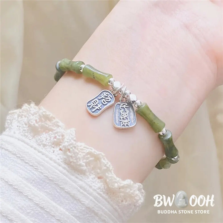 Buddha Stones 925 Sterling Silver Bamboo Jade Lucky Cat Fu Character Luck Abundance Bracelet - BWOOOH - Bracelet