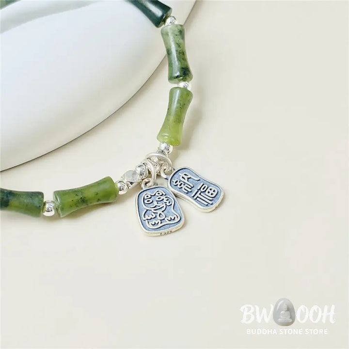 Buddha Stones 925 Sterling Silver Bamboo Jade Lucky Cat Fu Character Luck Abundance Bracelet - BWOOOH - Bracelet