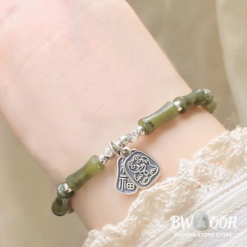 Buddha Stones 925 Sterling Silver Bamboo Jade Lucky Cat Fu Character Luck Abundance Bracelet - BWOOOH - Bracelet