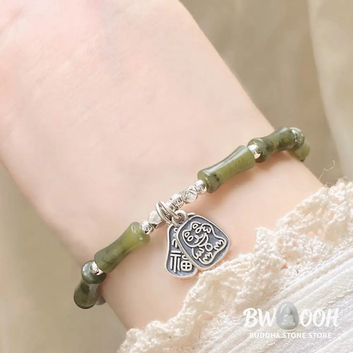 Buddha Stones 925 Sterling Silver Bamboo Jade Lucky Cat Fu Character Luck Abundance Bracelet - BWOOOH - Bracelet