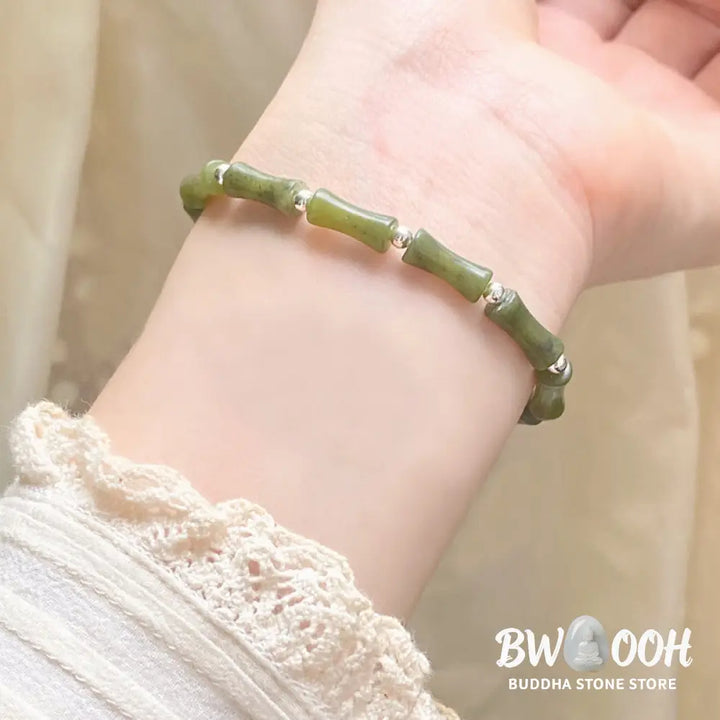 Buddha Stones 925 Sterling Silver Bamboo Jade Lucky Cat Fu Character Luck Abundance Bracelet - BWOOOH - Bracelet