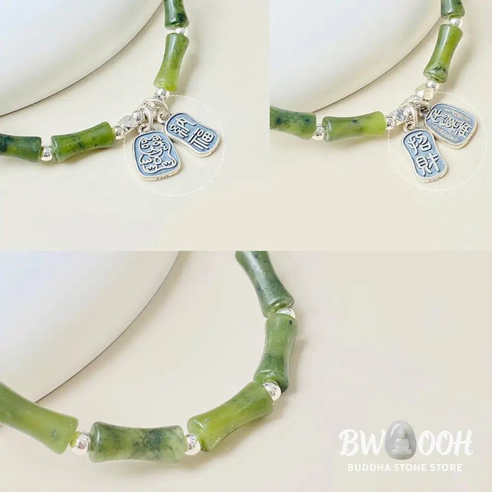 Buddha Stones 925 Sterling Silver Bamboo Jade Lucky Cat Fu Character Luck Abundance Bracelet - BWOOOH - Bracelet
