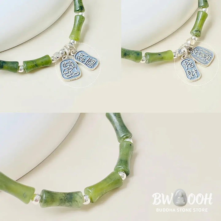 Buddha Stones 925 Sterling Silver Bamboo Jade Lucky Cat Fu Character Luck Abundance Bracelet - BWOOOH - Bracelet