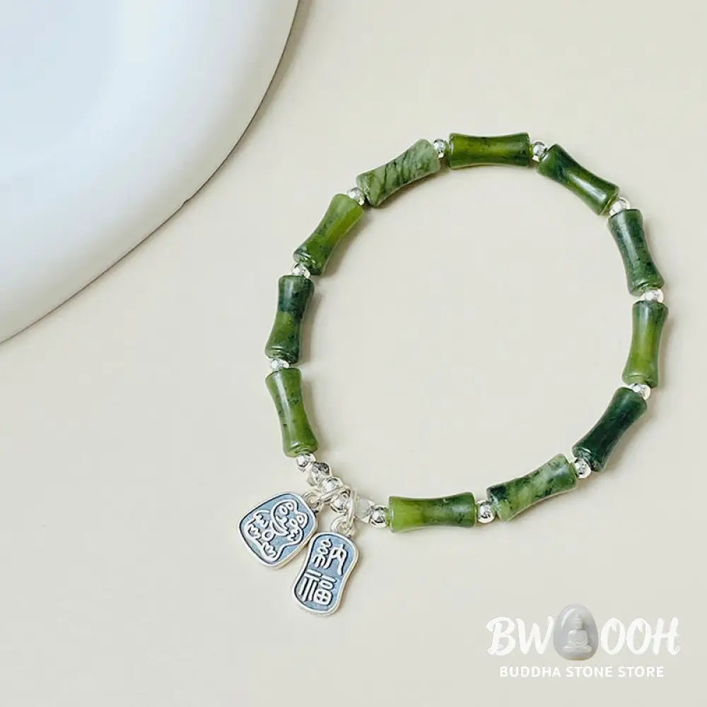 Buddha Stones 925 Sterling Silver Bamboo Jade Lucky Cat Fu Character Luck Abundance Bracelet - BWOOOH - Bracelet