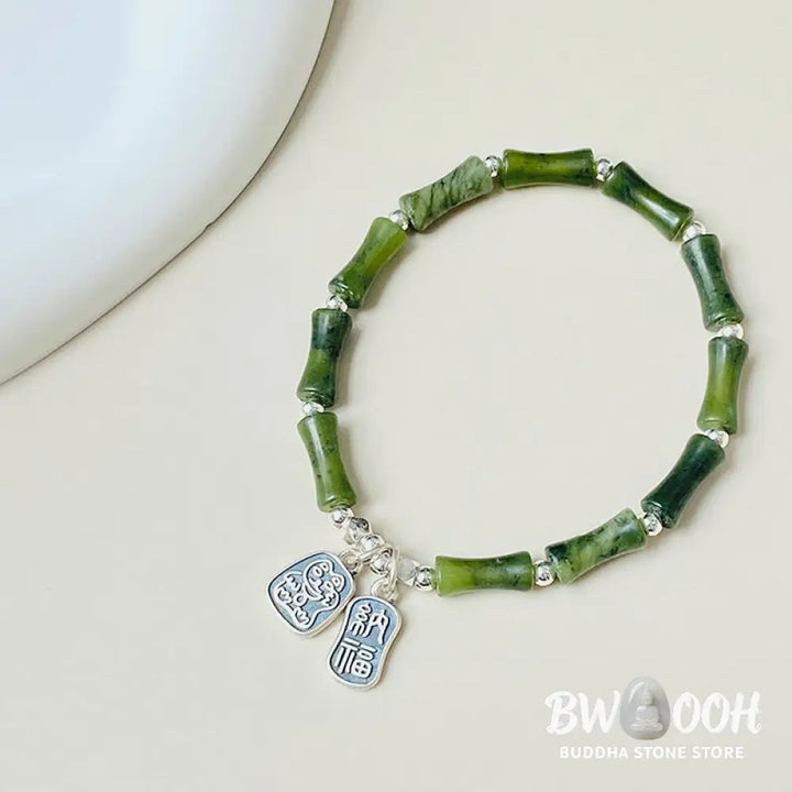 Buddha Stones 925 Sterling Silver Bamboo Jade Lucky Cat Fu Character Luck Abundance Bracelet - BWOOOH - Bracelet