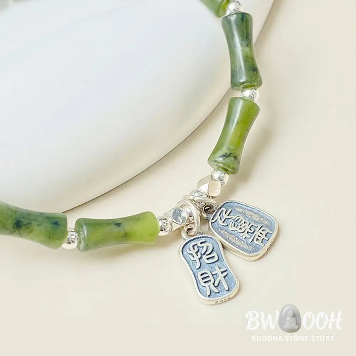 Buddha Stones 925 Sterling Silver Bamboo Jade Lucky Cat Fu Character Luck Abundance Bracelet - BWOOOH - Bracelet