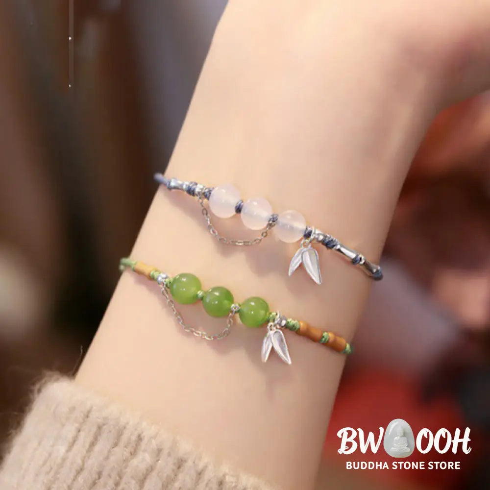 Buddha Stones 925 Sterling Silver Bamboo Leaves Hetian Jade Chalcedony Beads Blessing Braided Bracelet - BWOOOH