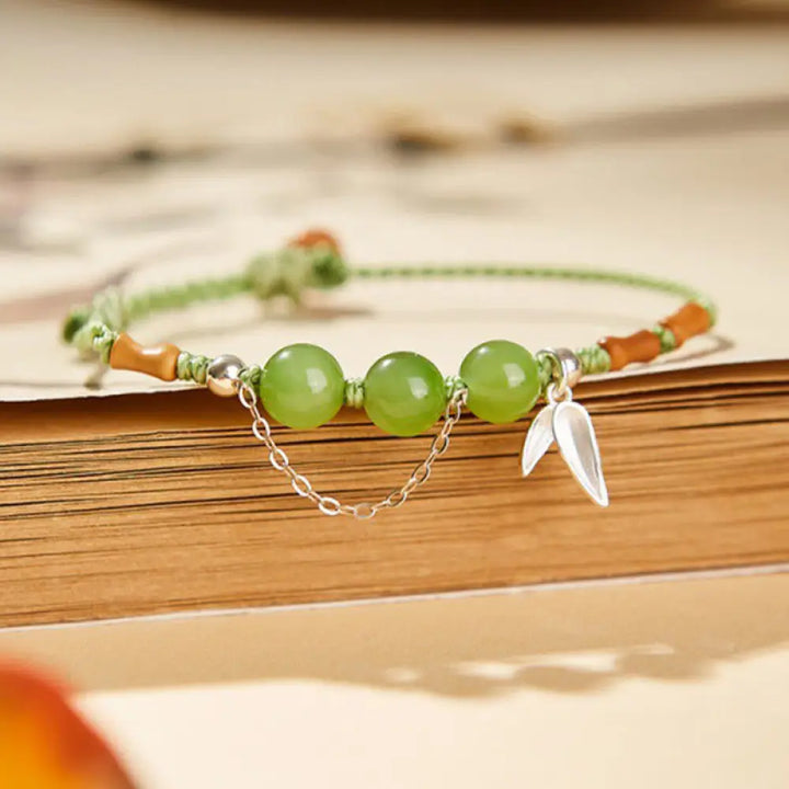 BWOOOH 925 Sterling Silver Bamboo Leaves Hetian Jade Chalcedony Beads Blessing Braided Bracelet - BWOOOH